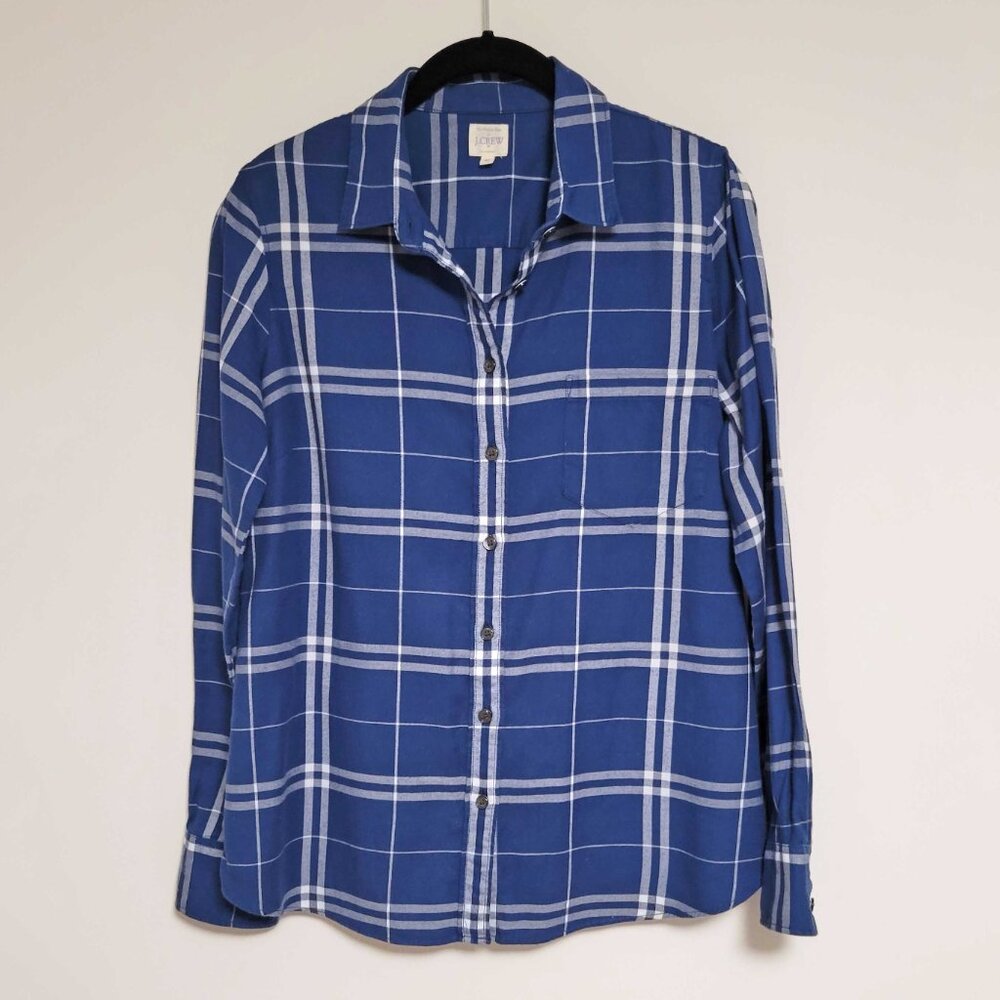 J Crew The Perfect Shirt Cotton Flannel Button Navy Blue Plaid Blouse - M